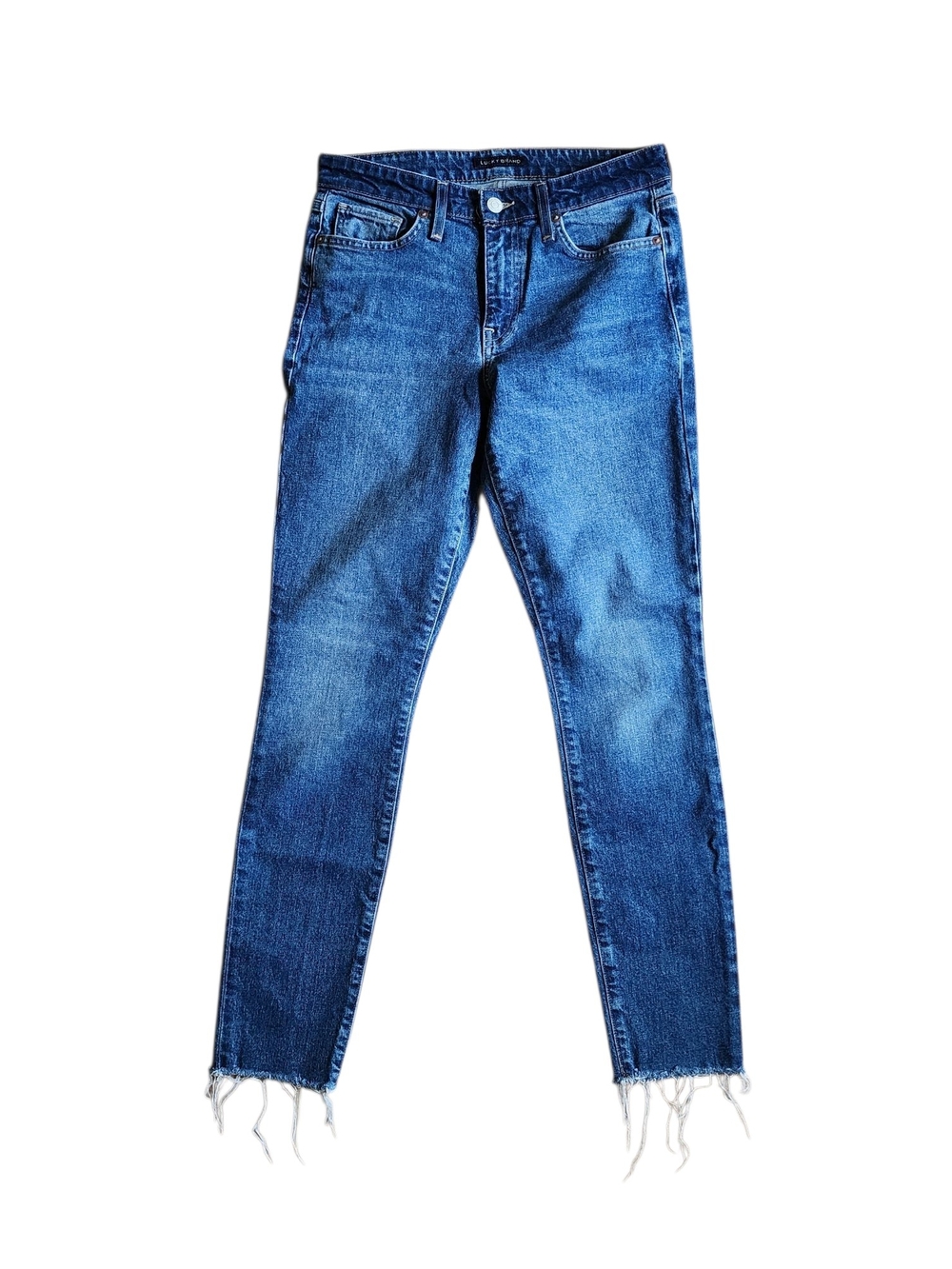 Lucky Brand Slim Skinny Mid Rise Blue Jeans Frayed Raw Hem Size 2/26 Like New